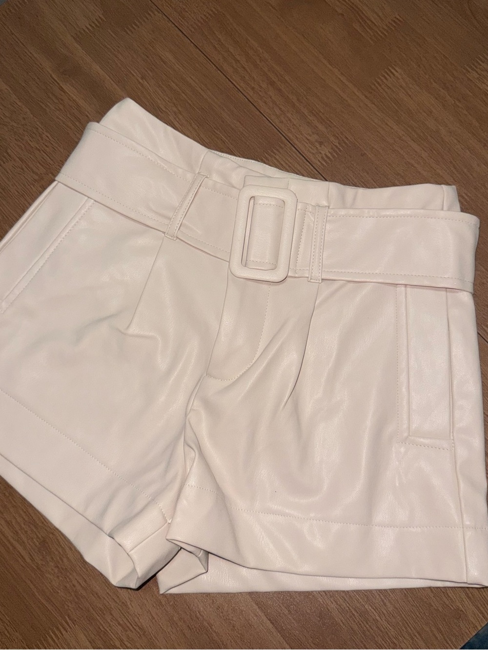 REVAMPED High-Waist Beige Faux-Leather Belted Shorts